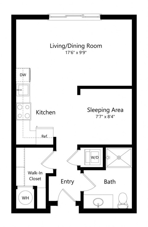 Floor plan for studio, 1 bath, 522 sqft